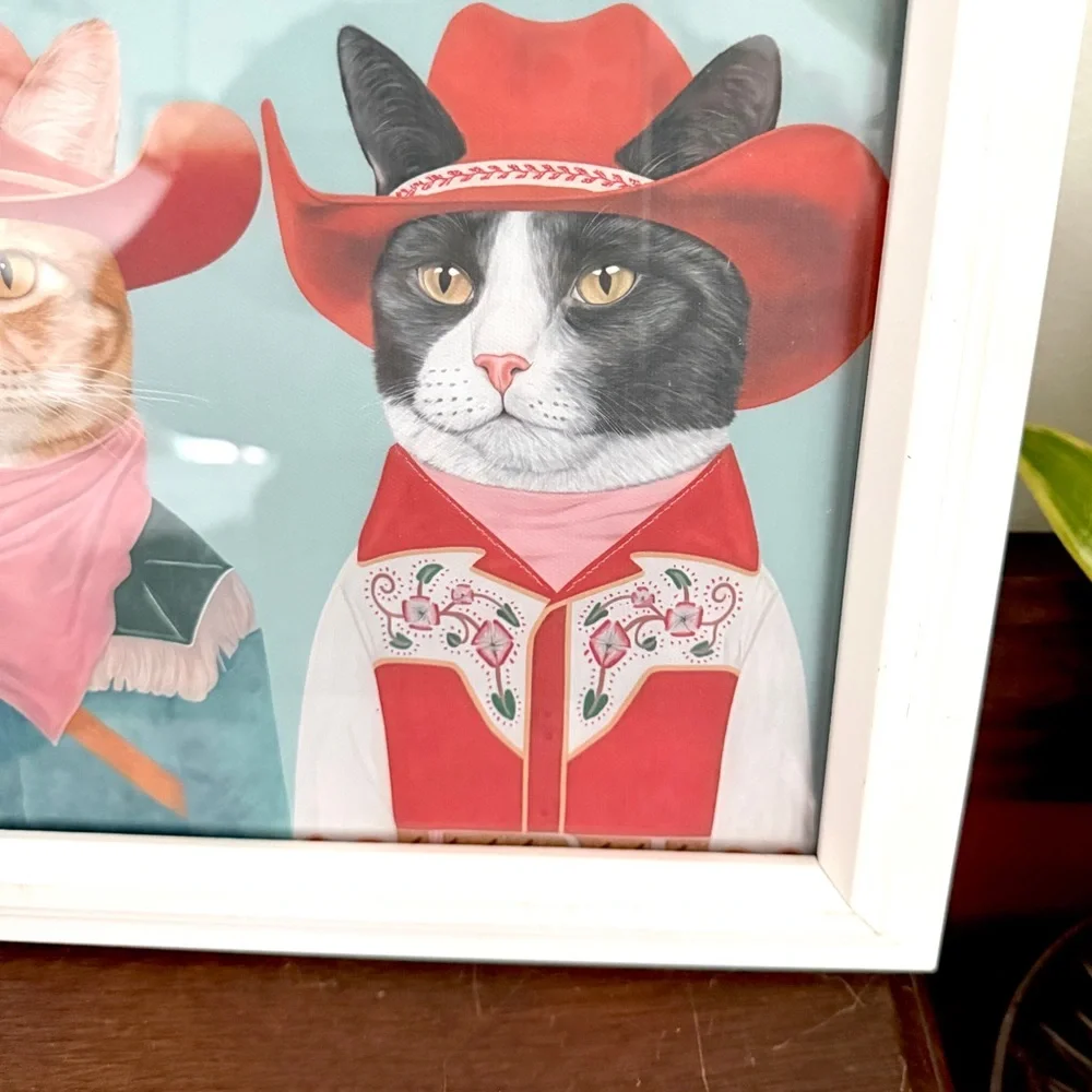 Cowboy Cats Western Rodeo Canvas Art Print White Framed Quirky Wall Hanging Art
